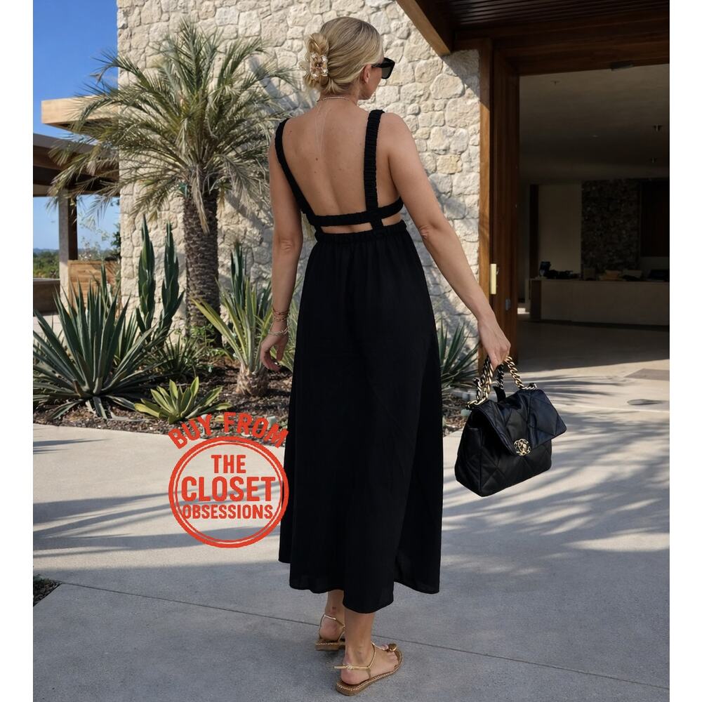 ZARA Black Linen Blend Maxi Dress NWT V Neck Resort Vacation Dress M - Picture 9 of 16